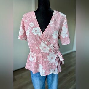 One Clothing Pink and White Floral Wrap Blouse